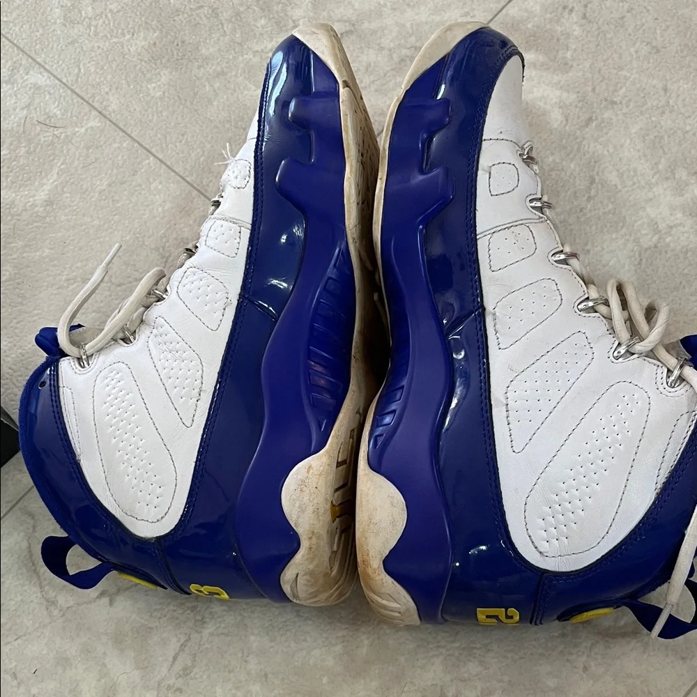 Men's Air Jordan 9 Retro White and Blue Sneakers with Yellow Accents 10